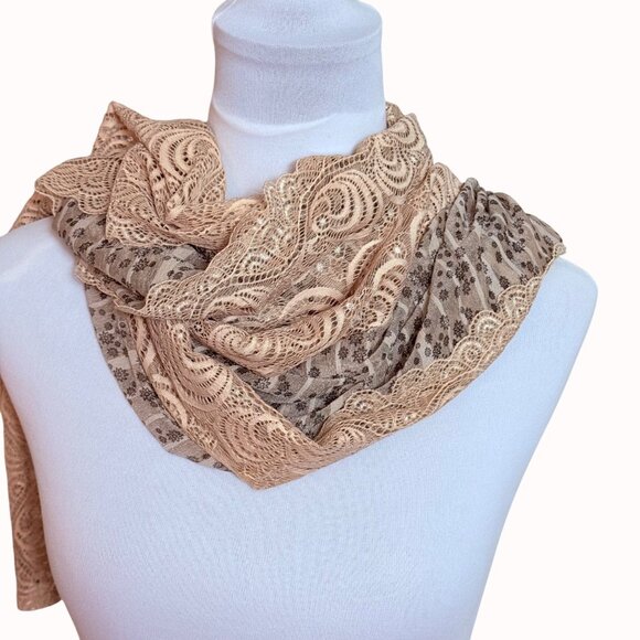 Elegant Artistic Scarf Wrap Beige Floral Chantilly Lace By Alif Creations Kuwait - Picture 11 of 12